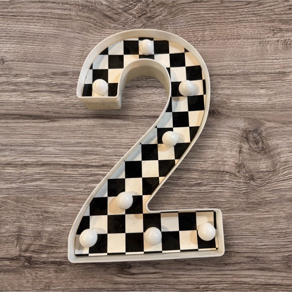 “2” Black and White Checkered Light Up Birthday Decoration - Picture 1 of 2